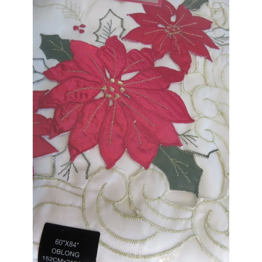 Home Wear Holiday Cutwork Poinsettia Trio Tablecloth 60x84 Oblong‎ Ivory Red NEW